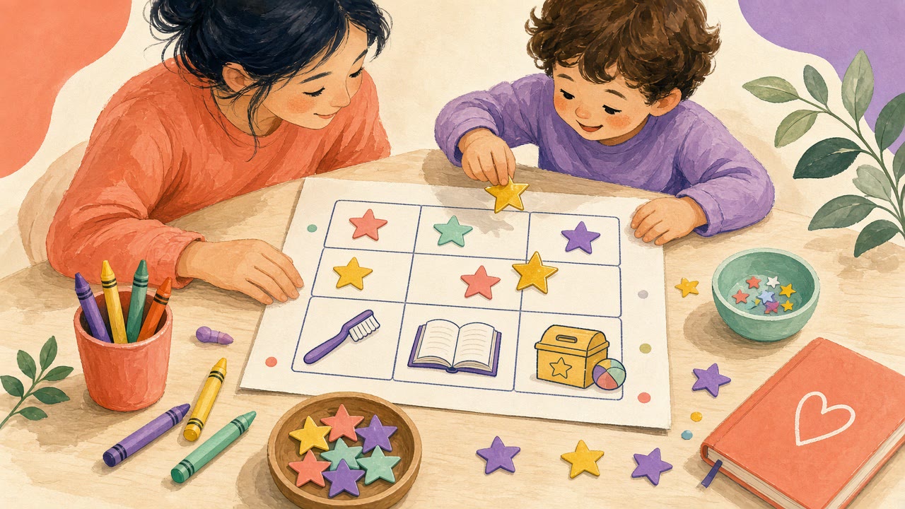 A parent and child at the table, placing star stickers on a reward chart they drew together