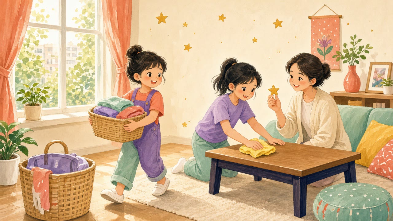 Two girls helping with chores in the living room, one holding a laundry basket and one wiping the table, while their mom holds a star beside them