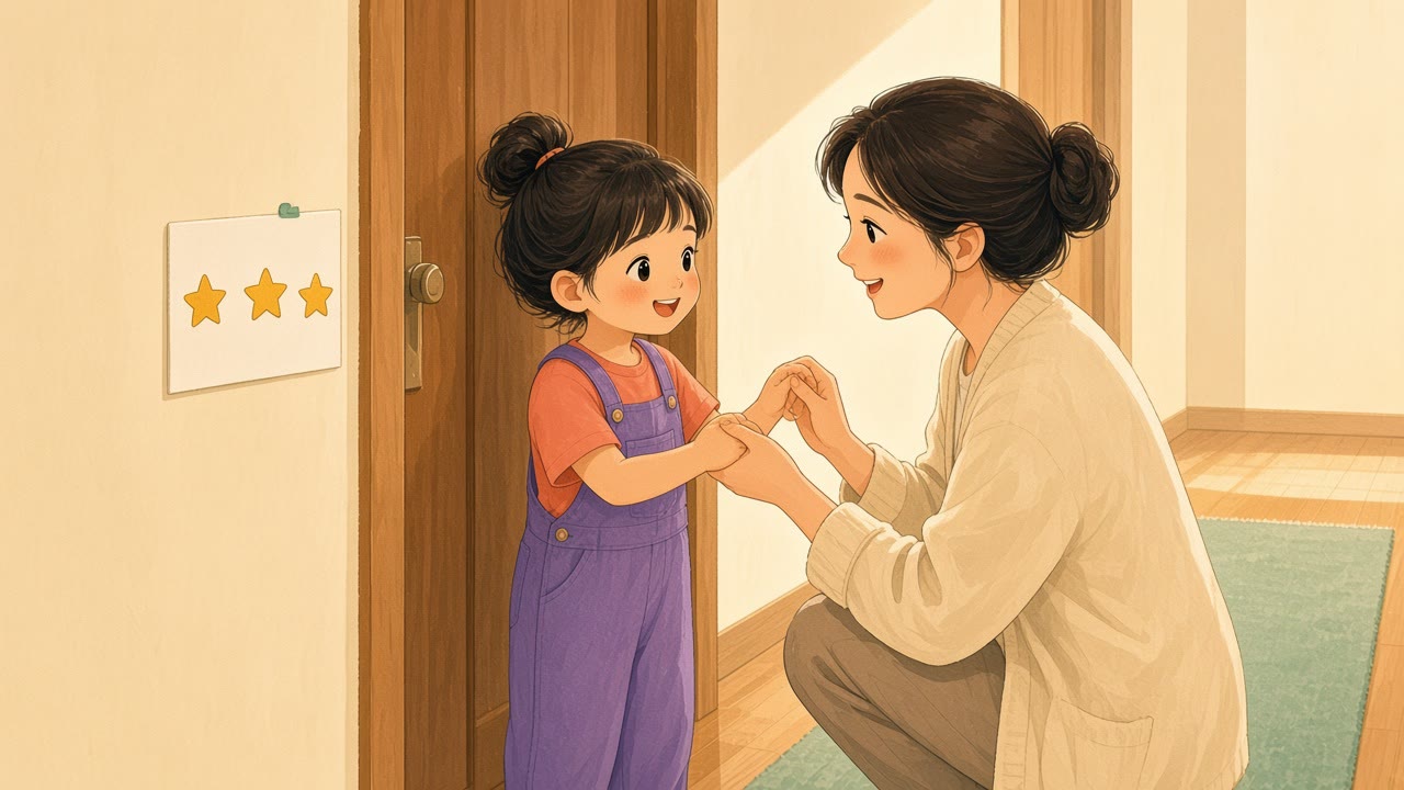 A mom crouching to pinky-promise with her daughter, with a three-star reward chart on the wall